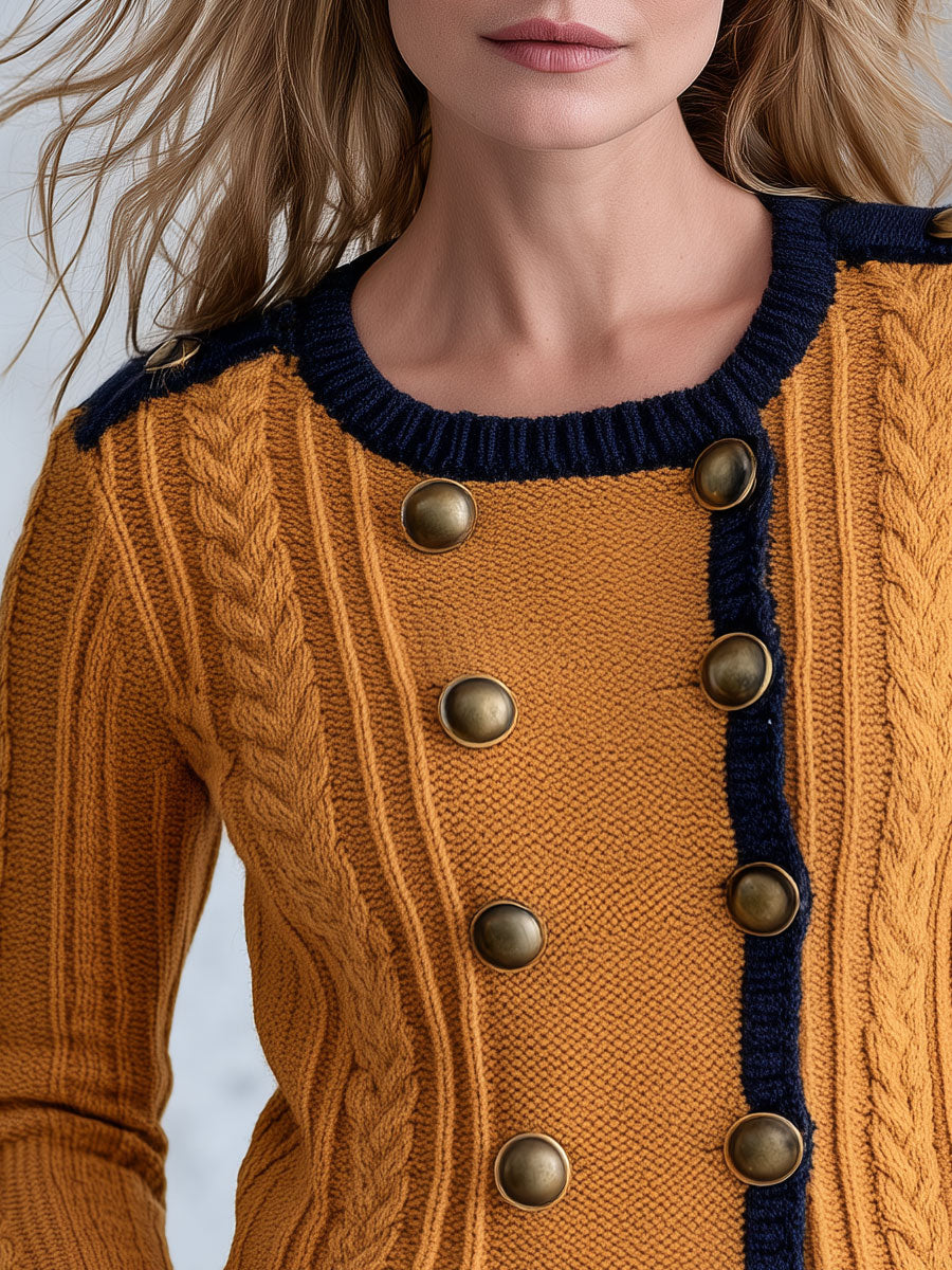 Retro Military Style Navy Blue Mustard Yellow Cable Knit Cardigan