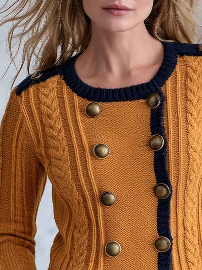Retro Military Style Navy Blue Mustard Yellow Cable Knit Cardigan