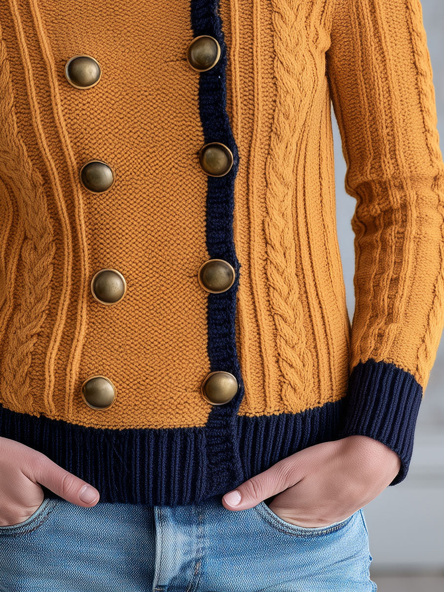 Retro Military Style Navy Blue Mustard Yellow Cable Knit Cardigan