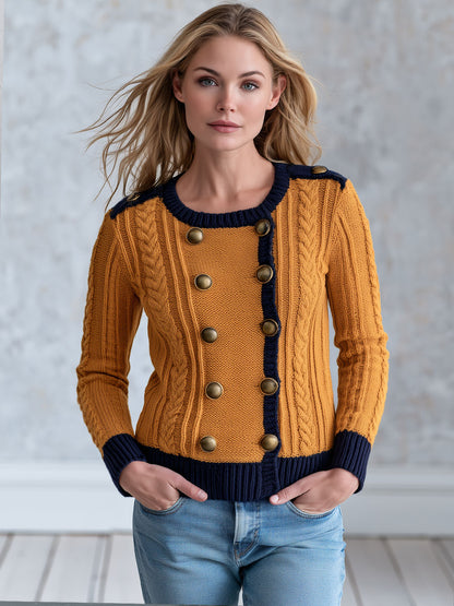 Retro Military Style Navy Blue Mustard Yellow Cable Knit Cardigan