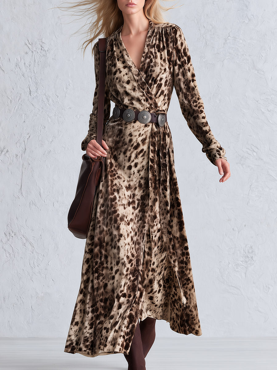 Vintage-Inspired Bohemian Leopard-Print Faux Suede V-Neck Wrap Maxi Dress
