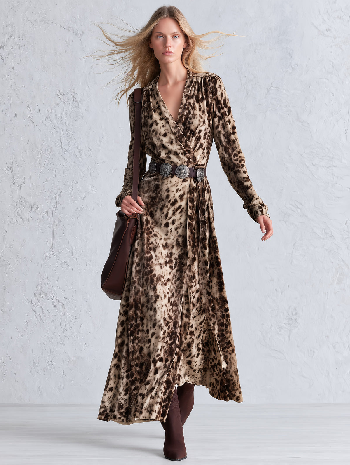 Vintage-Inspired Bohemian Leopard-Print Faux Suede V-Neck Wrap Maxi Dress