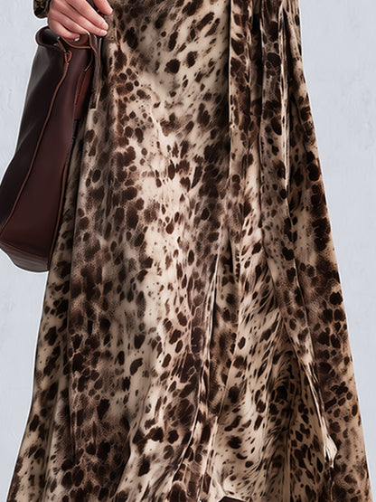Vintage-Inspired Bohemian Leopard-Print Faux Suede V-Neck Wrap Maxi Dress