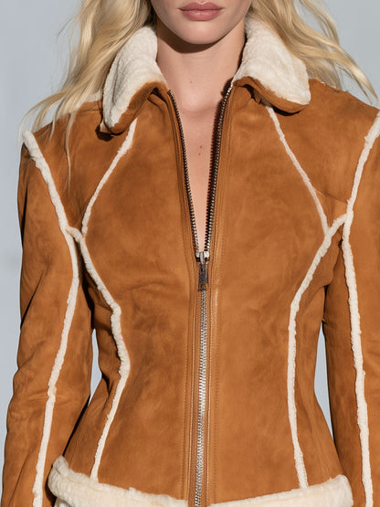 Retro-style Faux Fur Collar Caramel-colored Faux Suede Jacket