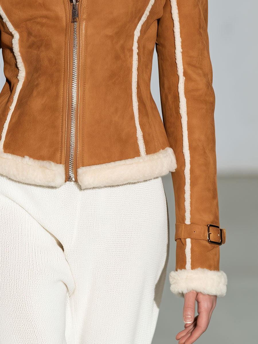 Retro-style Faux Fur Collar Caramel-colored Faux Suede Jacket