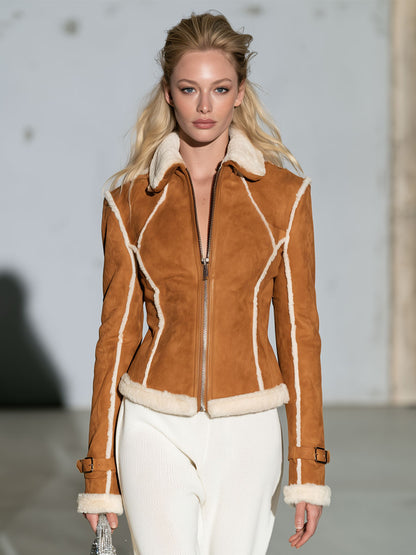 Retro-style Faux Fur Collar Caramel-colored Faux Suede Jacket