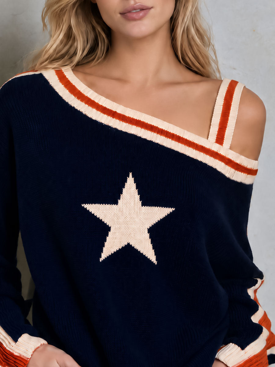 Casual Retro Navy Blue One-shoulder Color-blocked Five-pointed Star Sweater
