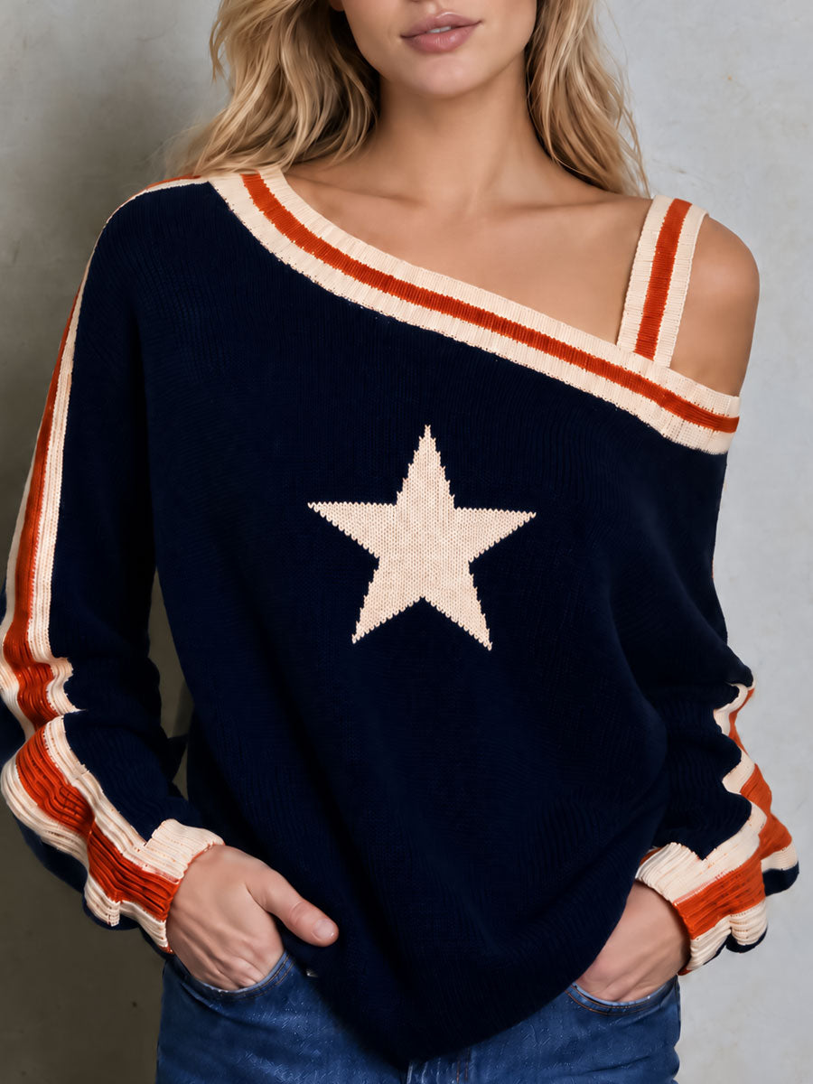 Casual Retro Navy Blue One-shoulder Color-blocked Five-pointed Star Sweater