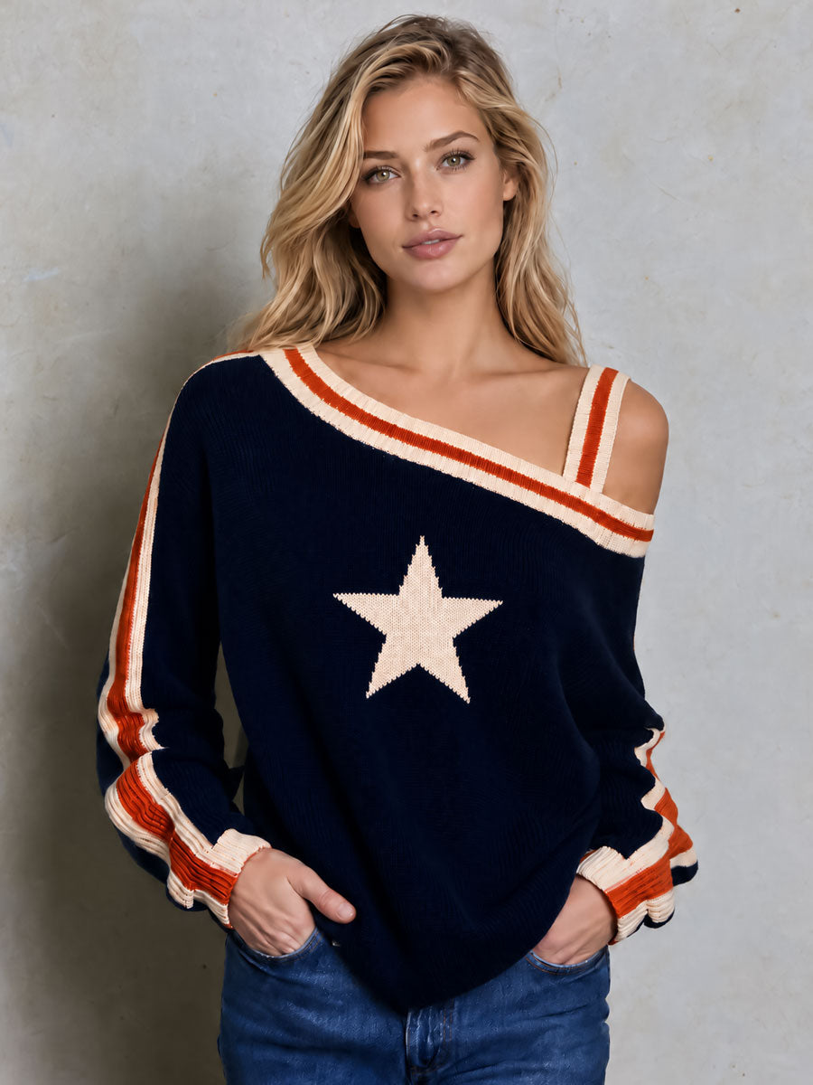 Casual Retro Navy Blue One-shoulder Color-blocked Five-pointed Star Sweater