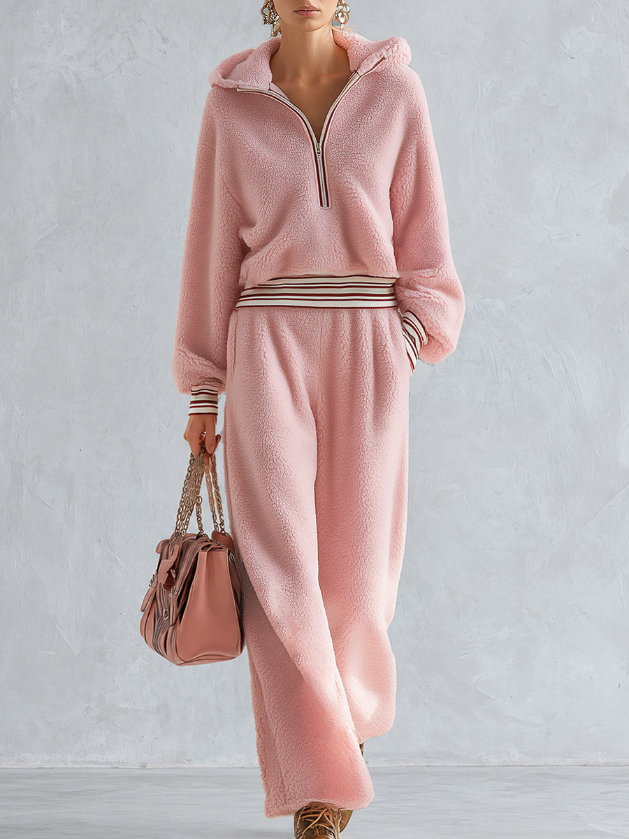 Pink Teddy Fleece Hooded Half-Zip Pullover and Wide-Leg Pants Set