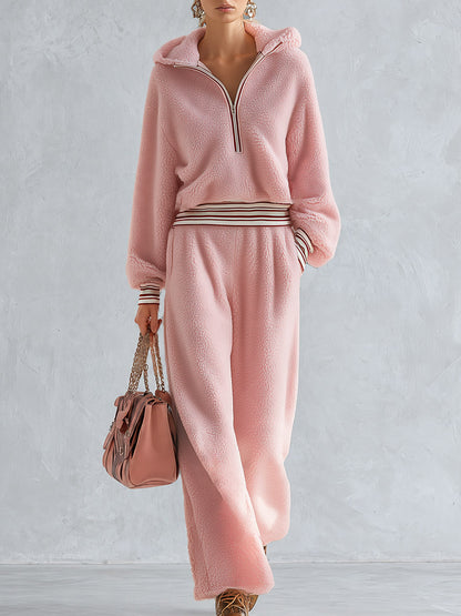 Pink Teddy Fleece Hooded Half-Zip Pullover and Wide-Leg Pants Set