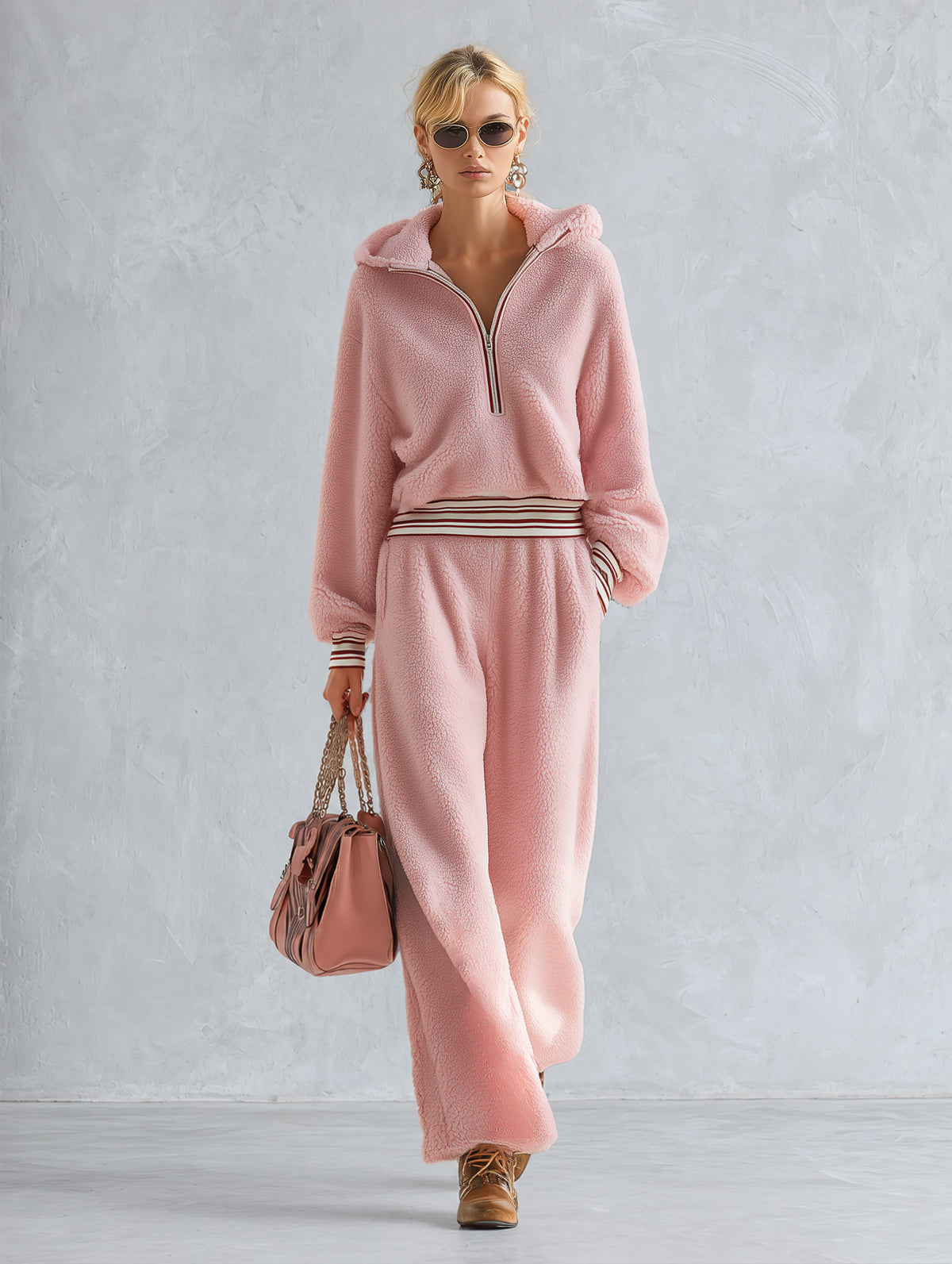 Pink Teddy Fleece Hooded Half-Zip Pullover and Wide-Leg Pants Set