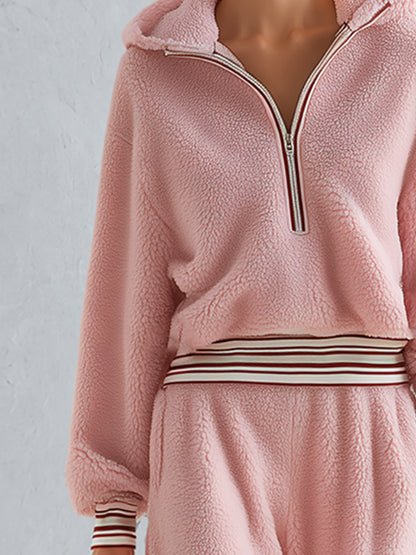 Pink Teddy Fleece Hooded Half-Zip Pullover and Wide-Leg Pants Set