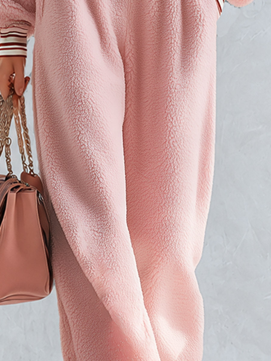 Pink Teddy Fleece Hooded Half-Zip Pullover and Wide-Leg Pants Set