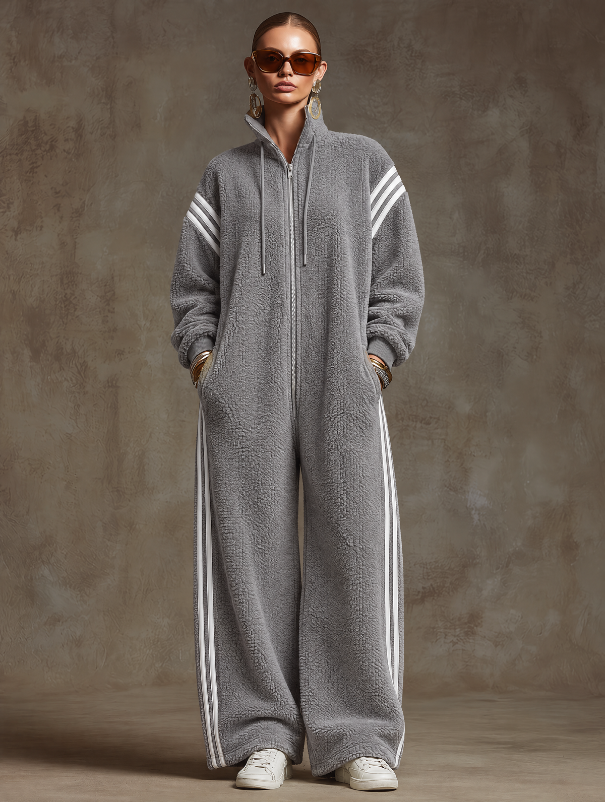 Casual Loose-fitting White Striped Gray Fleece Zip-up Jumpsuit