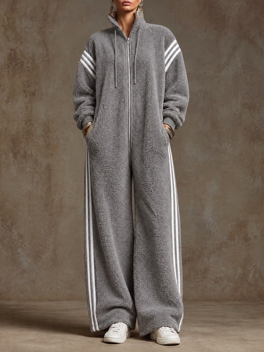 Casual Loose-fitting White Striped Gray Fleece Zip-up Jumpsuit
