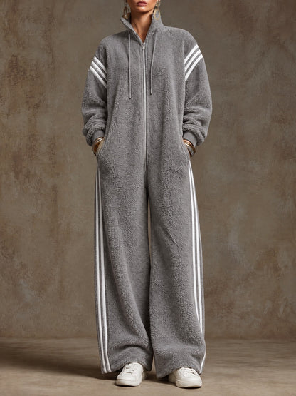 Casual Loose-fitting White Striped Gray Fleece Zip-up Jumpsuit
