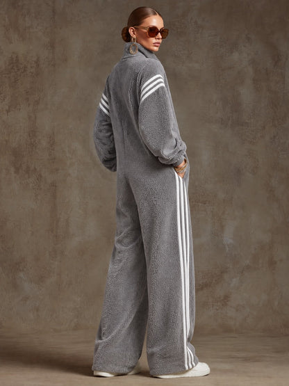 Casual Loose-fitting White Striped Gray Fleece Zip-up Jumpsuit