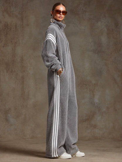 Casual Loose-fitting White Striped Gray Fleece Zip-up Jumpsuit