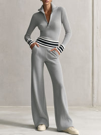 Stylish Sporty Striped Half-zip Grey Knit Top And Pants Set