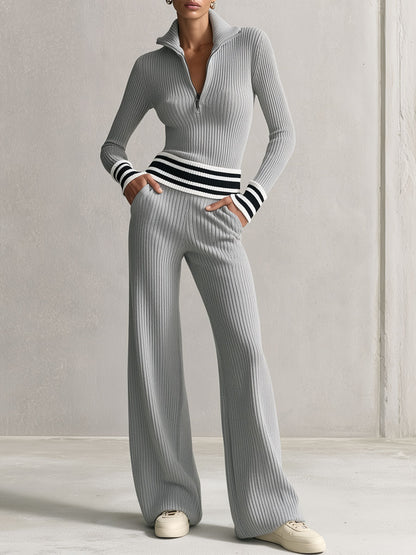 Stylish Sporty Striped Half-zip Grey Knit Top And Pants Set