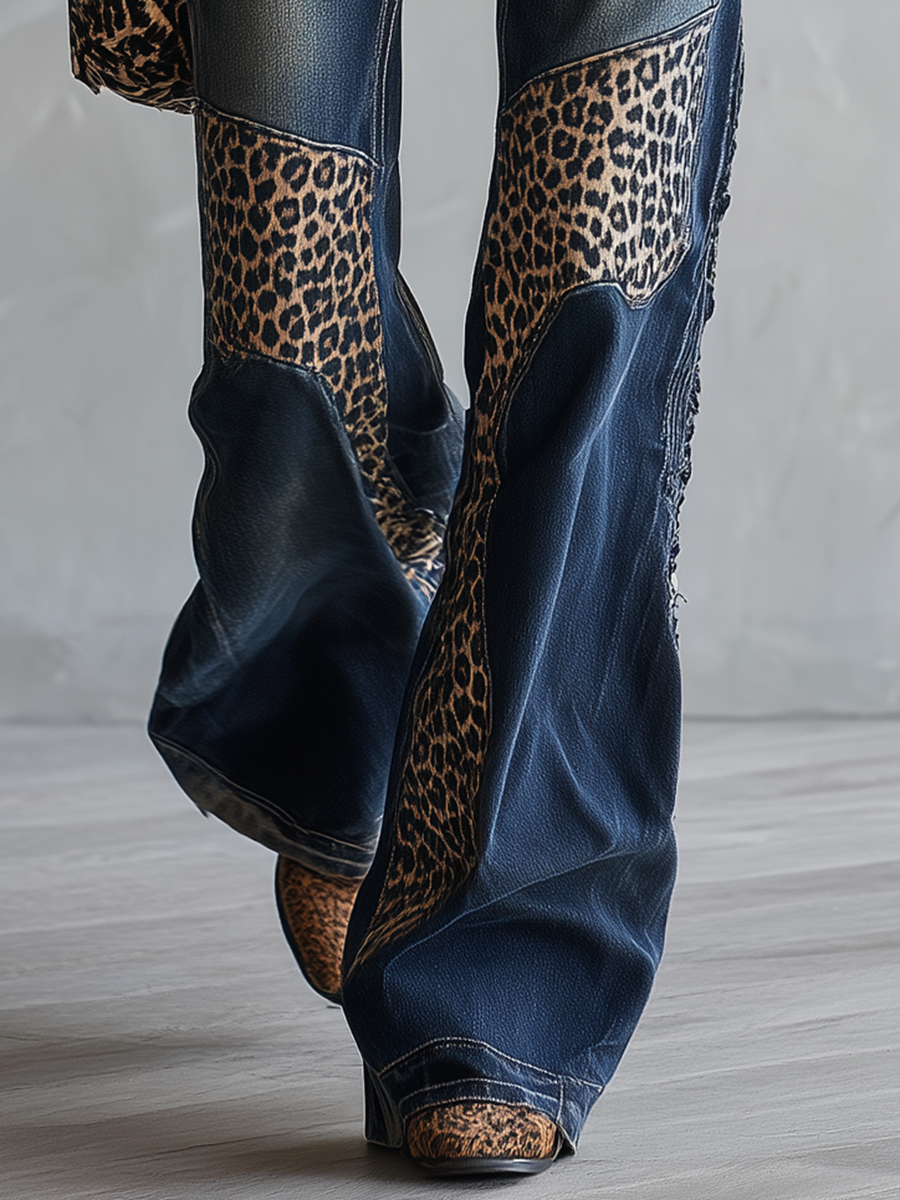 Retro Western Leopard Patchwork Dark Wash Mid Rise Flare Jeans