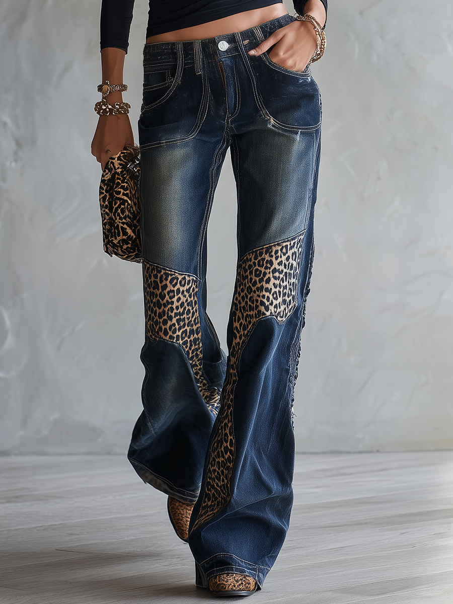 Retro Western Leopard Patchwork Dark Wash Mid Rise Flare Jeans