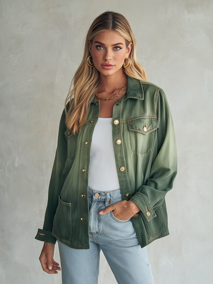 Vintage Utility Olive Green Ombre Gold Button Oversized Denim Shirt Jacket