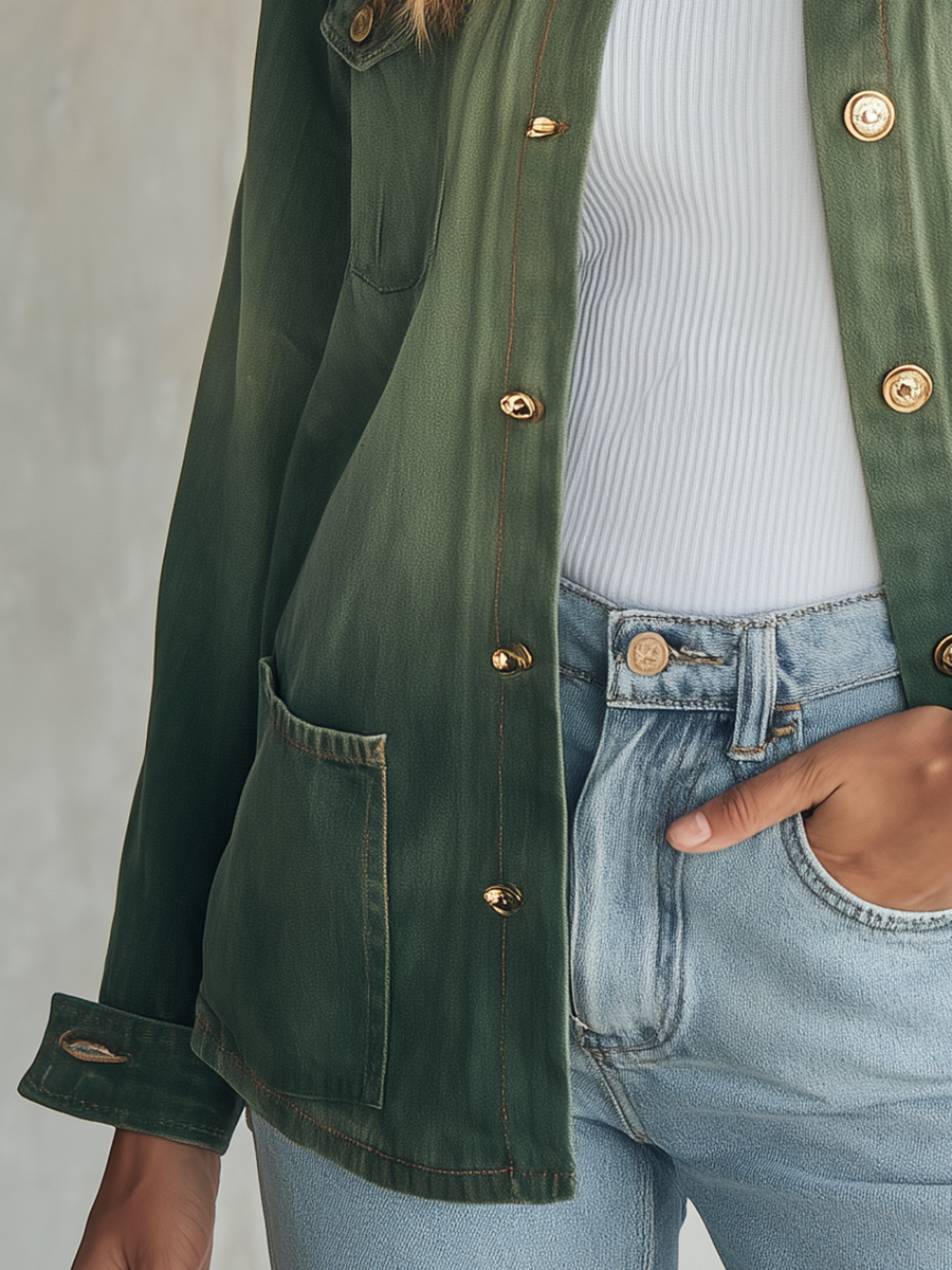 Vintage Utility Olive Green Ombre Gold Button Oversized Denim Shirt Jacket