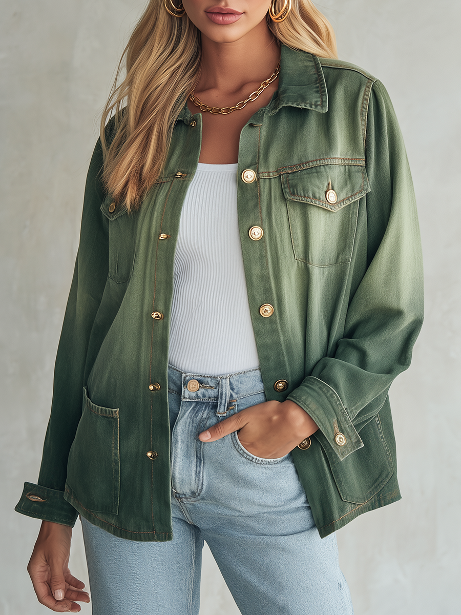 Vintage Utility Olive Green Ombre Gold Button Oversized Denim Shirt Jacket