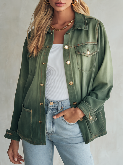 Vintage Utility Olive Green Ombre Gold Button Oversized Denim Shirt Jacket