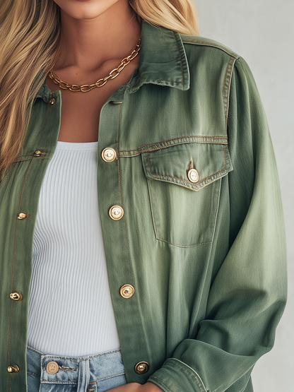 Vintage Utility Olive Green Ombre Gold Button Oversized Denim Shirt Jacket