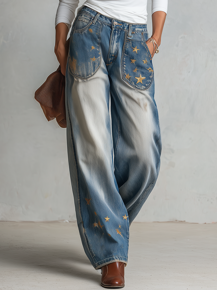 Vintage Americana Gold Star Embroidered Faded Wash Barrel Leg Jeans