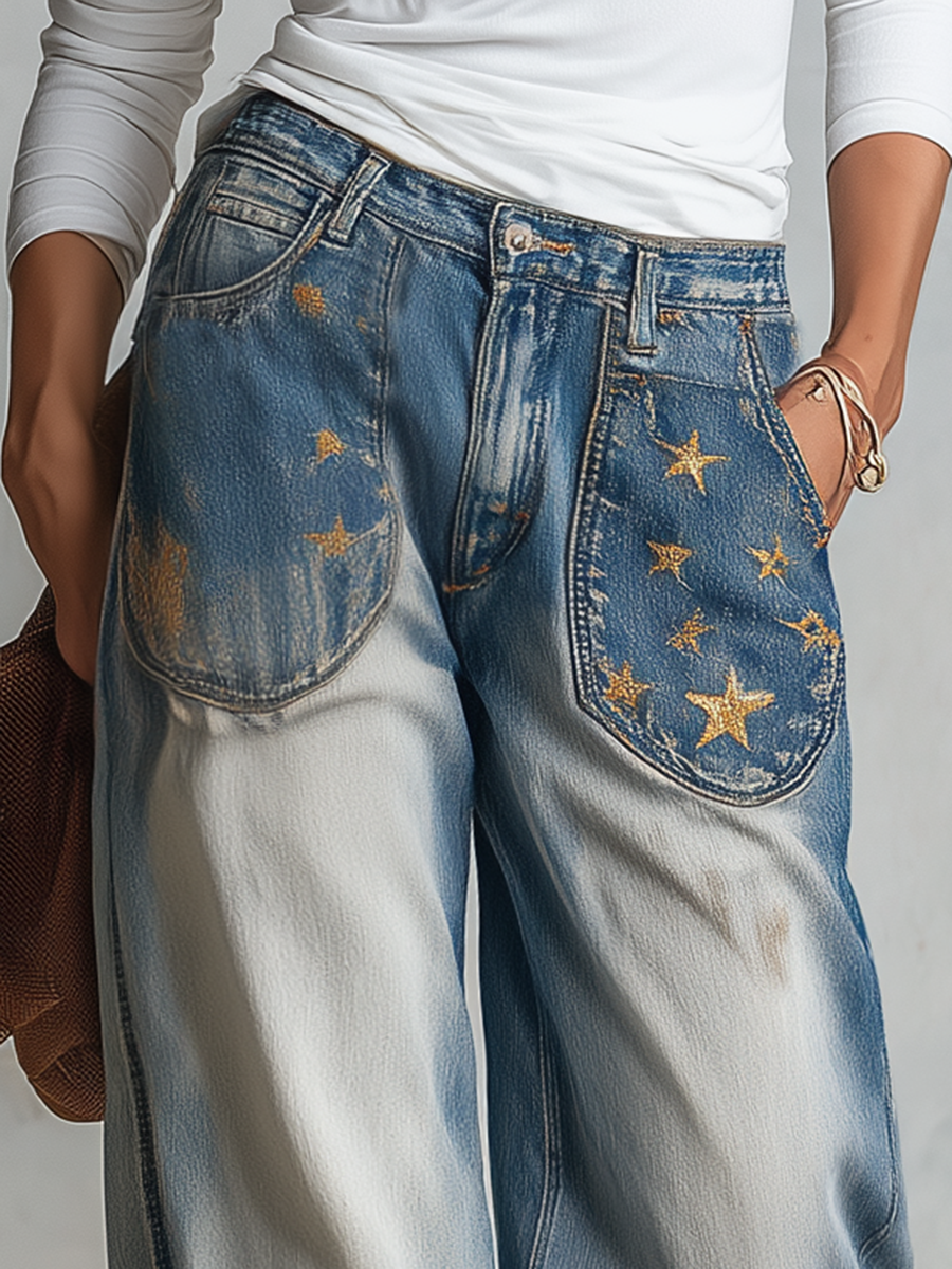 Vintage Americana Gold Star Embroidered Faded Wash Barrel Leg Jeans