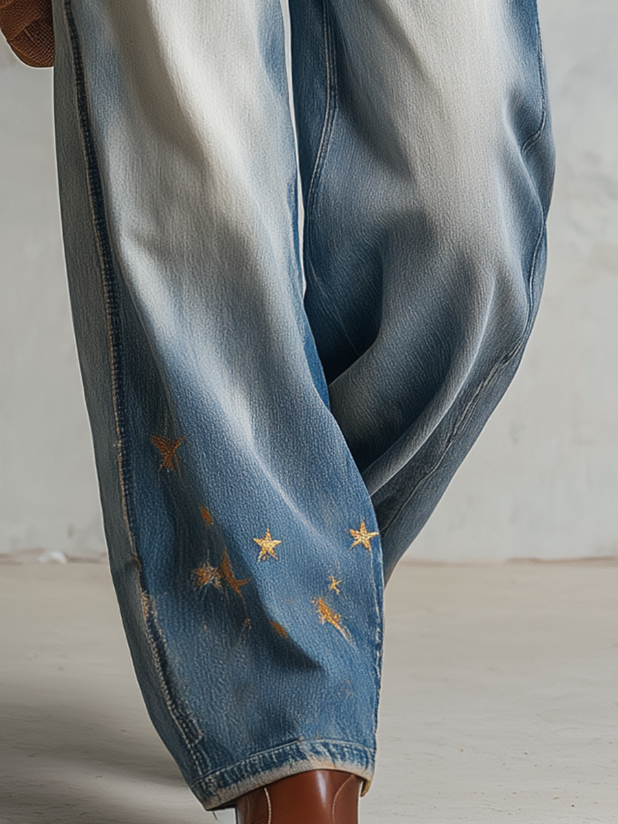 Vintage Americana Gold Star Embroidered Faded Wash Barrel Leg Jeans