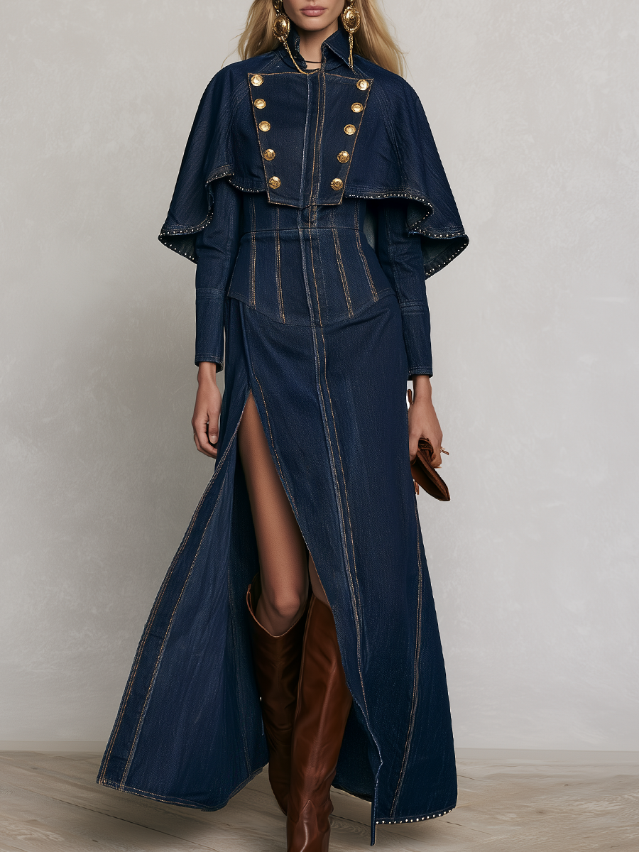 Vintage Military Gold Button Capelet Corset Waist High Slit Denim Maxi Dress