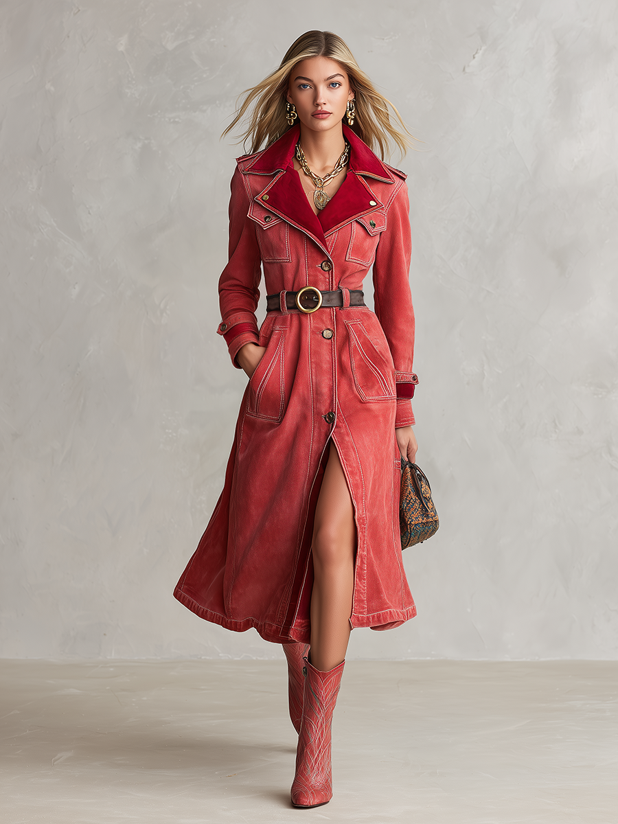 Vintage Western Red Velvet Collar Belted Button Front Denim Trench Coat