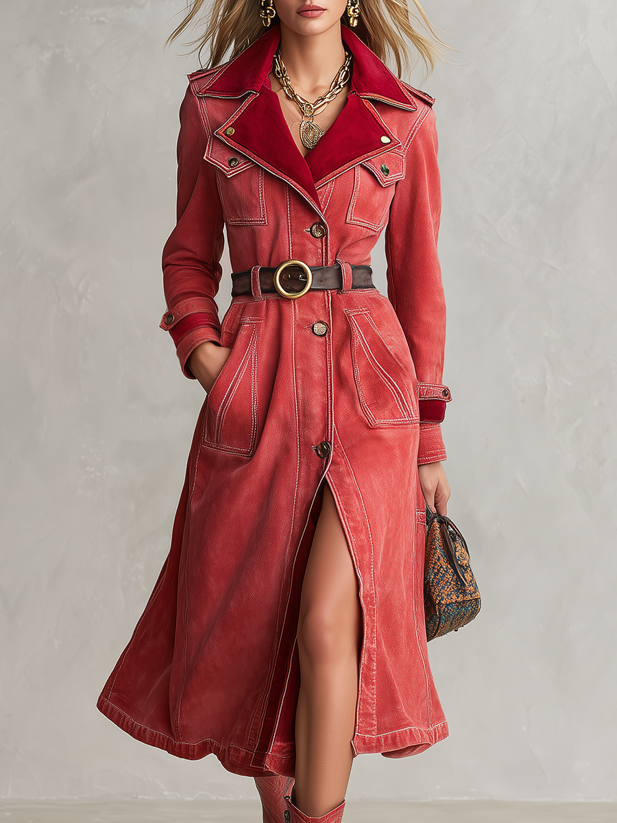 Vintage Western Red Velvet Collar Belted Button Front Denim Trench Coat