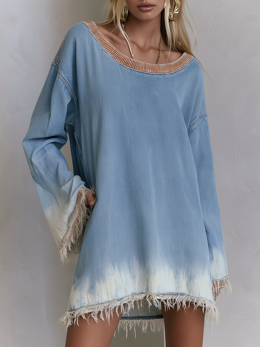 Boho Chic Fringe Hem Dip Dye Boat Neck Oversized Denim Tunic Dress