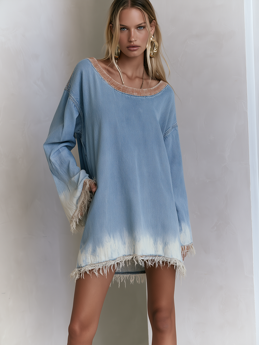 Boho Chic Fringe Hem Dip Dye Boat Neck Oversized Denim Tunic Dress