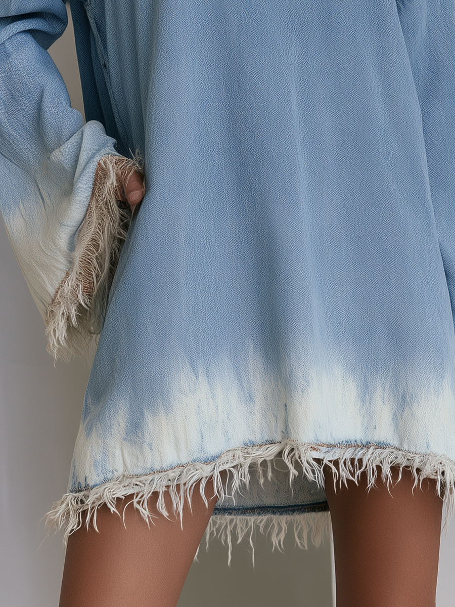 Boho Chic Fringe Hem Dip Dye Boat Neck Oversized Denim Tunic Dress