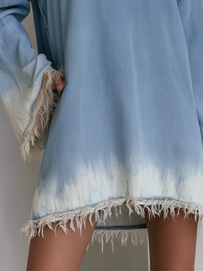 Boho Chic Fringe Hem Dip Dye Boat Neck Oversized Denim Tunic Dress