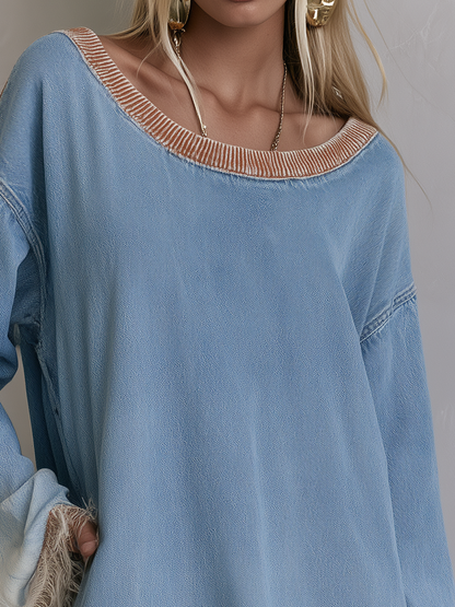 Boho Chic Fringe Hem Dip Dye Boat Neck Oversized Denim Tunic Dress