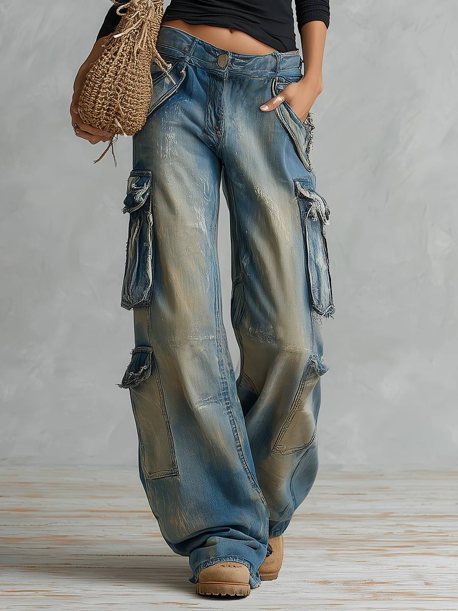 Vintage Grunge Dirty Wash Low Rise Baggy Cargo Wide Leg Jeans