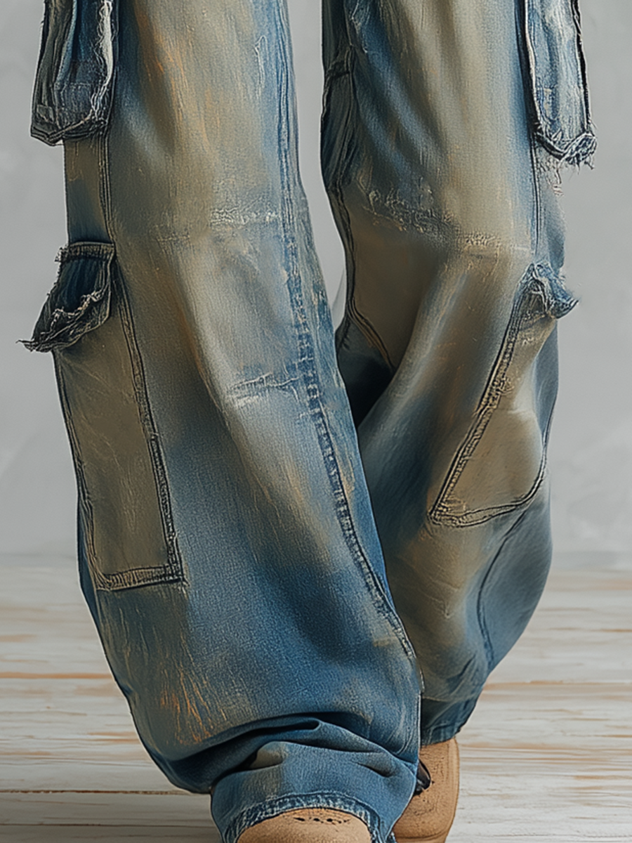 Vintage Grunge Dirty Wash Low Rise Baggy Cargo Wide Leg Jeans