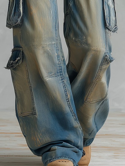 Vintage Grunge Dirty Wash Low Rise Baggy Cargo Wide Leg Jeans