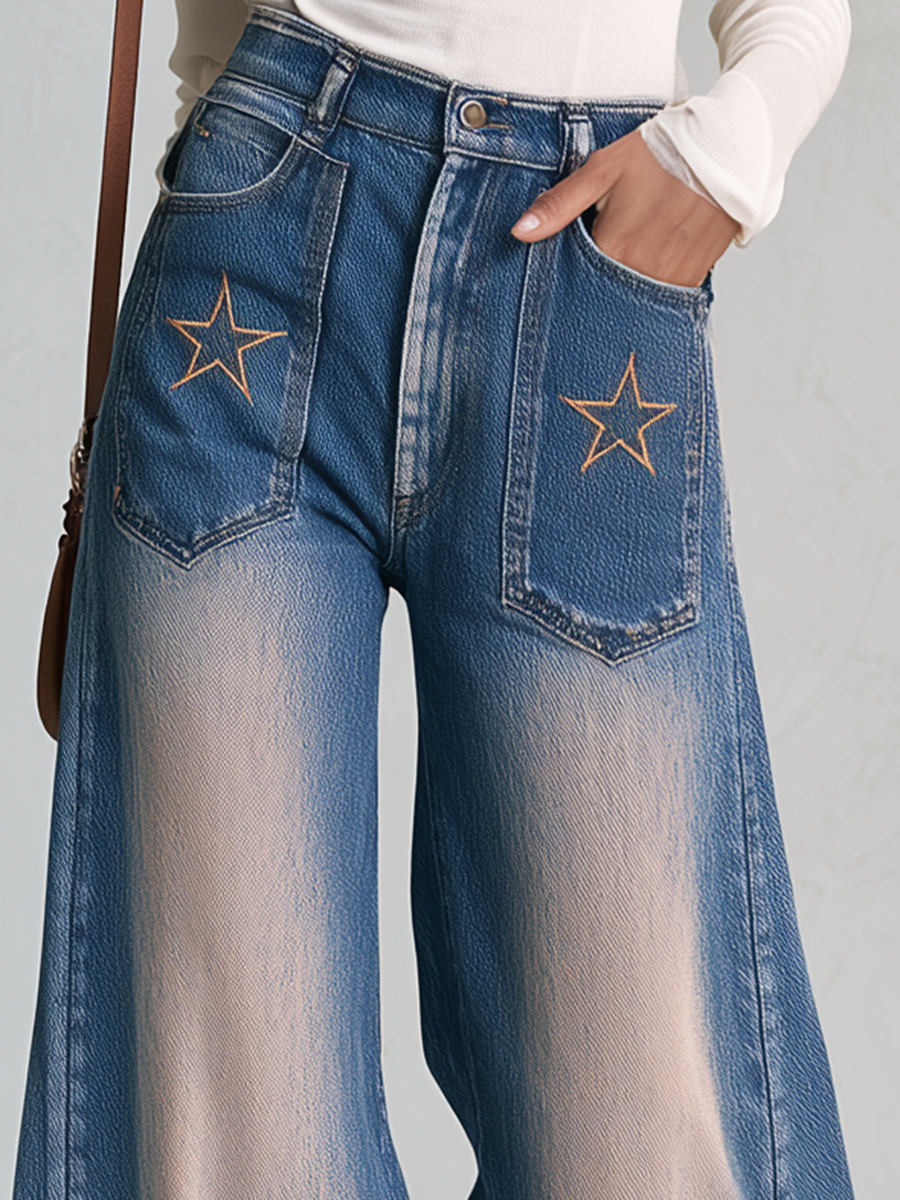 Retro Western Star Embroidered Sun Faded High Rise Wide Leg Jeans