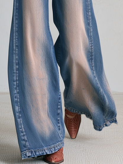 Retro Western Star Embroidered Sun Faded High Rise Wide Leg Jeans