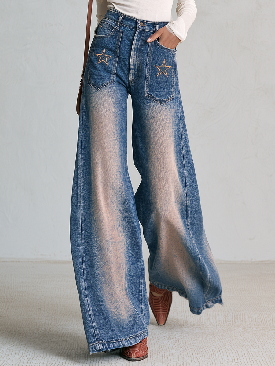 Retro Western Star Embroidered Sun Faded High Rise Wide Leg Jeans