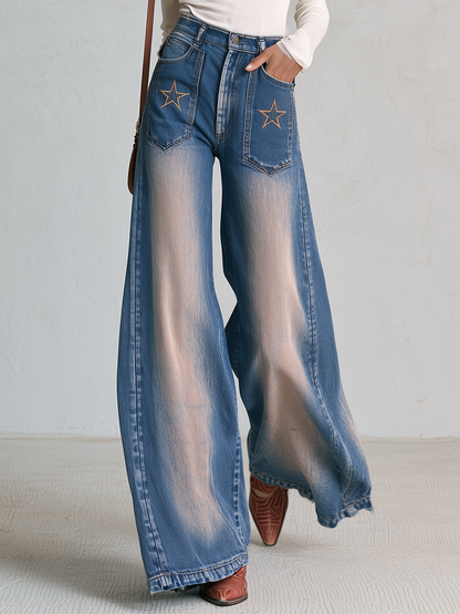 Retro Western Star Embroidered Sun Faded High Rise Wide Leg Jeans